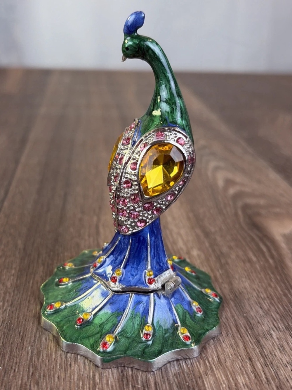 Enamel & Rhinestone Hinged Peacock Jewelry Pill Trinket Box Magnetic Metal